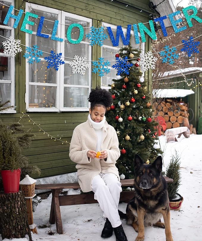 Glittery Hello Winter Banner White Blue Snowflake Banner Winter Wonderland Baby Shower Decorations Christmas Winter Holiday Party Decorations