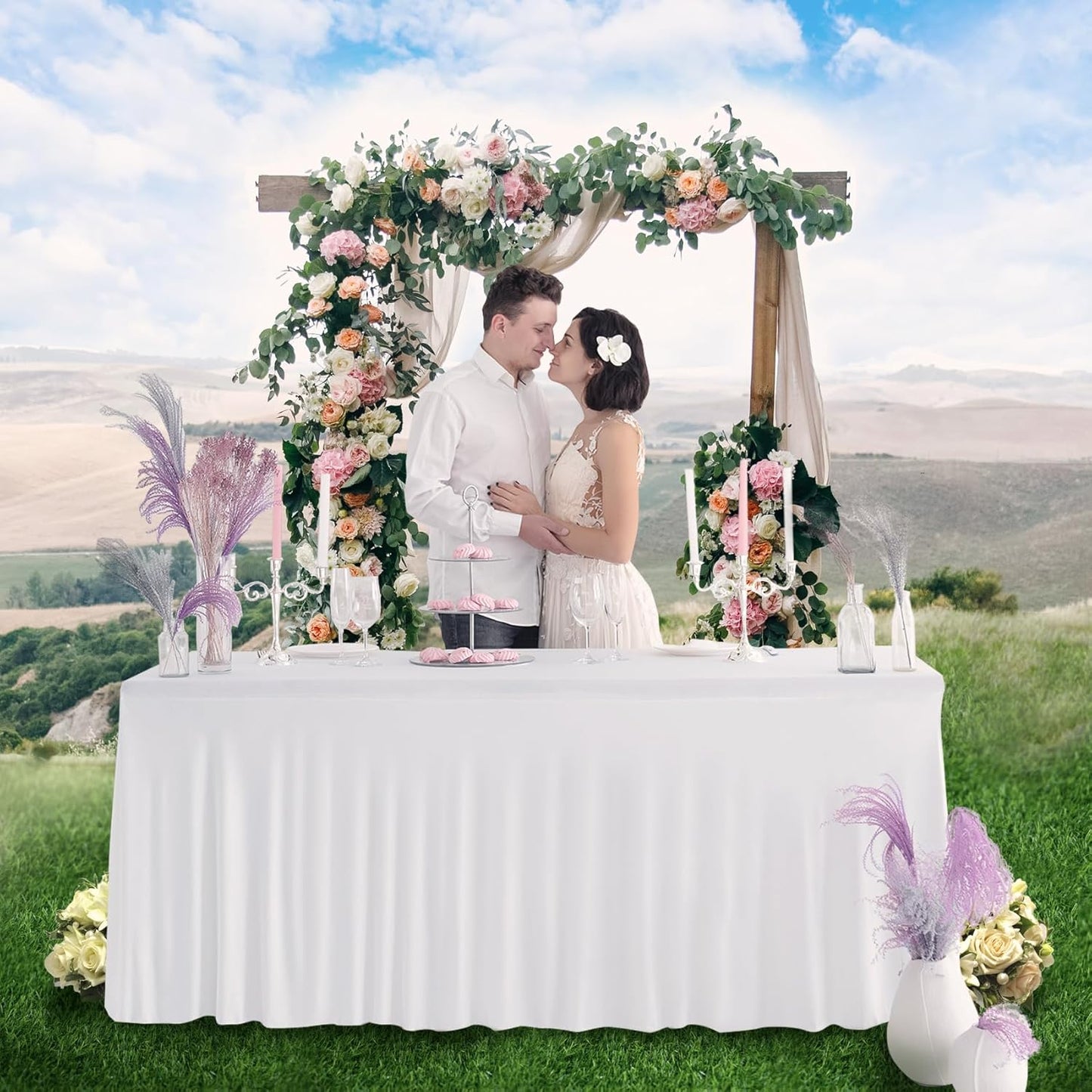 Your Magic Moment Spandex Table Skirt for Rectangle 6 Foot Tables 6ft White 1 Piece Fitted Covers White Tablecloth for Parties Birthday Banquette Bridal Baby Shower Cocktail Party