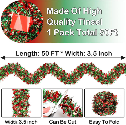 50 Feet Christmas Tinsel Garland Metallic Tinsel Garland Christmas Tree Decorations for Christmas Indoor and Outdoor Decor (Green and Red)