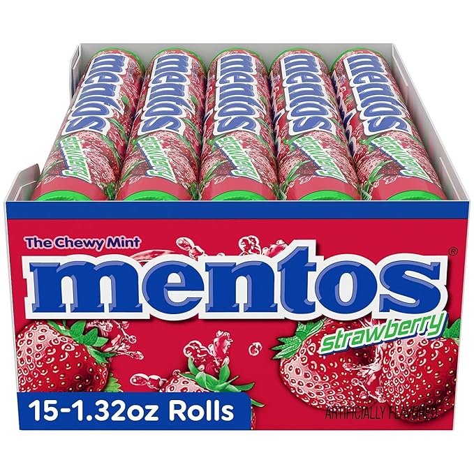 Mentos Chewy Mint Candy Roll, Strawberry Mint Candies, 14 Pieces Per Roll, 15 Count Party Pack