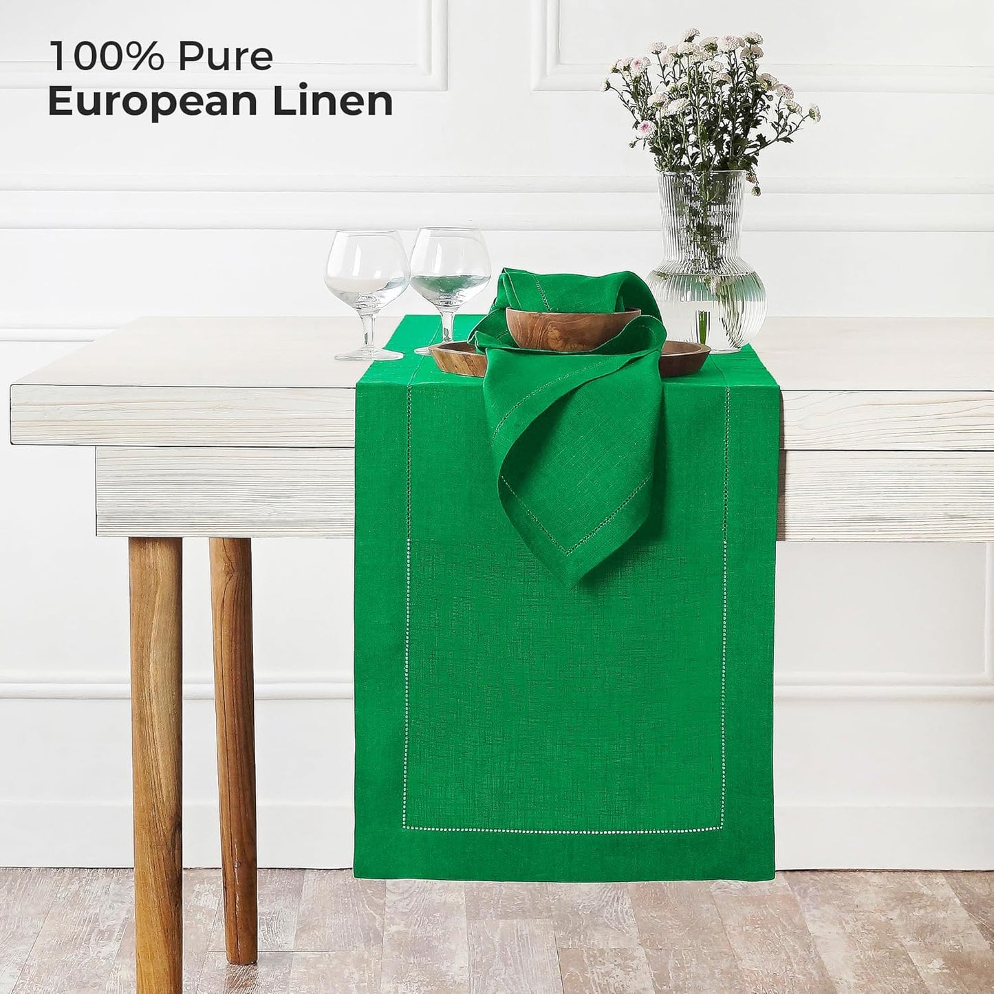 D'Moksha Homes Linen Kelly Green Table Runner 72 Inches Long - 100% Pure Linen Hemstitch Table Runner 14 x 72 Inch for Dresser, Dining, Fall, Autumn and Halloween - Classic Hemstitch