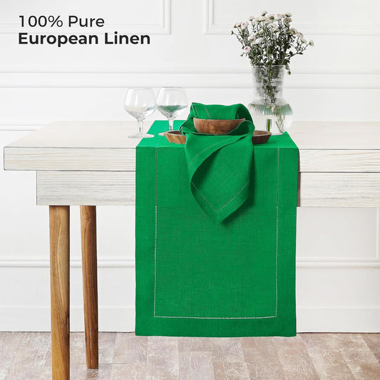 D'Moksha Homes Linen Kelly Green Table Runner 72 Inches Long - 100% Pure Linen Hemstitch Table Runner 14 x 72 Inch for Dresser, Dining, Fall, Autumn and Halloween - Classic Hemstitch