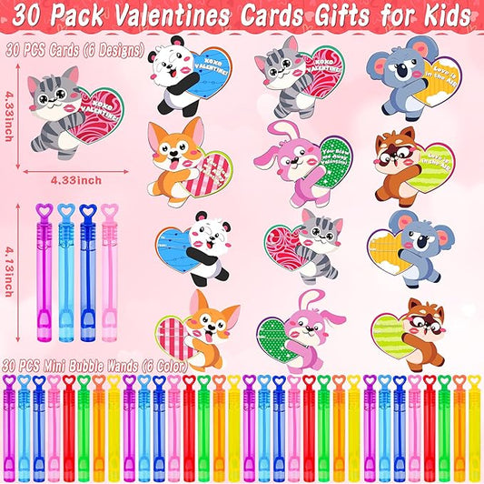 30 Pack Valentines Day Gifts for Kids School Mini Bubble Wands with Valentines Animals Valentines Cards for Kids Classroom, Valentines Day School Prize Party Favors Classroom Exchange Gift Set