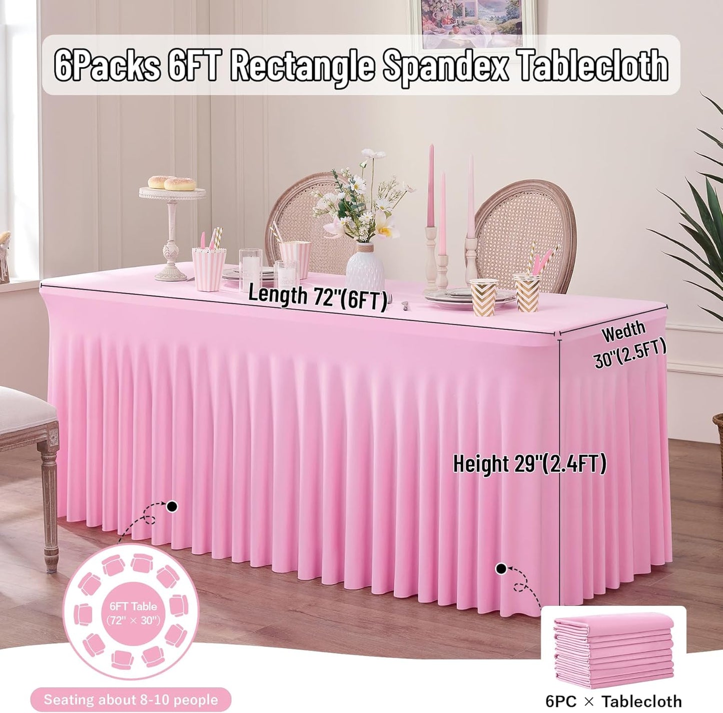 Outpain 6ft Spandex Table Cloth for Standard Folding Tables-6Pack Baby Pink Table Cloth Table Protector for Party, Wedding, Cocktail, Banquet, Festival