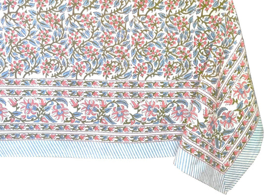 ATOSII Kalina 100% Cotton Rectangle Tablecloth, Handblock Print Floral Table Cloth for Kitchen Dining Linen I Weddings Outdoors Easter Spring Summer I 72 X 140 Inches I 12 Seater