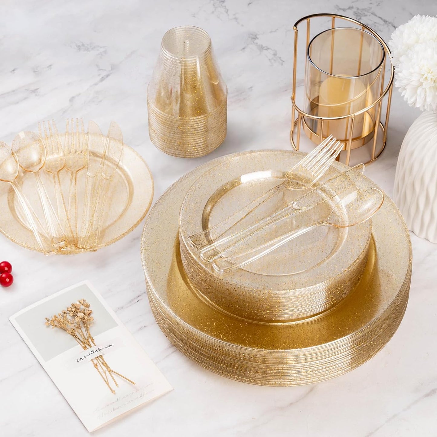 Goodluck 600 Piece Gold Glitter Disposable Plates for 100 Guests, Plates for Party, Wedding, Dinnerware Set of 100 Dinner, 100 Salad Plates, 100 Spoons, 100 Forks, 100 Knives, 100 Cups