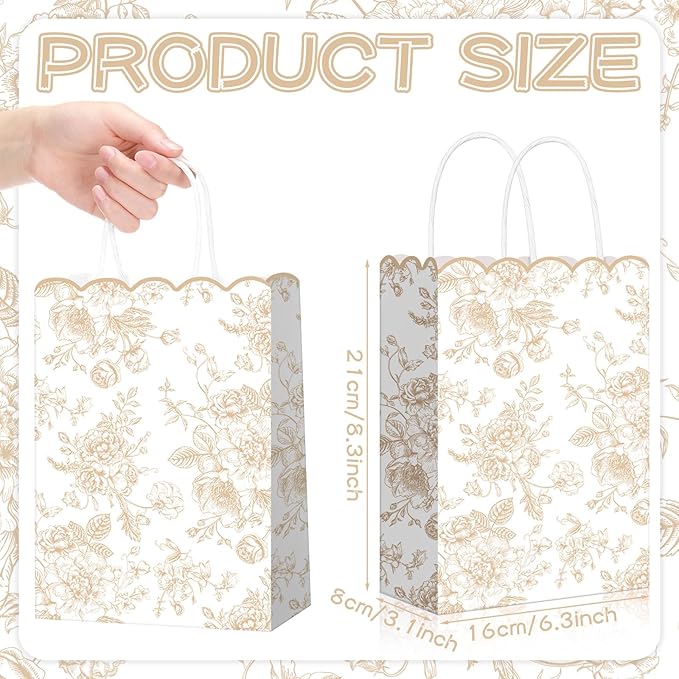 Kolldenn 24 Pcs Beige Floral Party Favor Bags with Handles Scalloped Wildflower Goodie Candy Gift Treat Bags for Birthday Decoration for Bridal Baby Shower Party Supplies