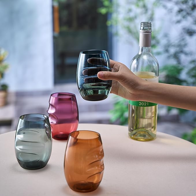 Unbreakable European Plastic Crystal, Stemless Wine Glasses | Set of 4, 13.5 OZ | Acrylic Tritan Set with 3-Finger Indentations - Muted Colored Tumbler Set, BPA Free, Reusable, Naturally Aerates Wine