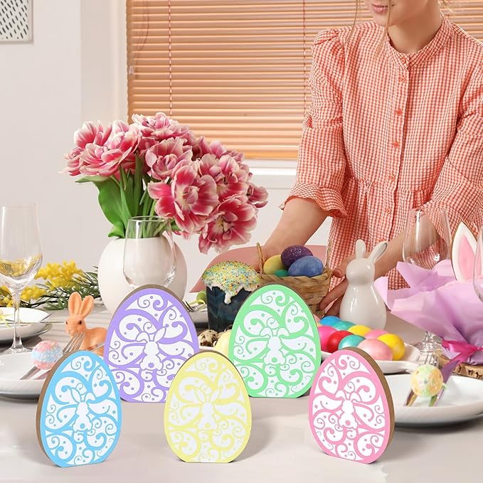 5 Pcs Wooden Hidden Bunny Easter Egg Tiered Tray Sign for Table Centerpieces Decoration Spring Cute Rabbit Mantal Ornament for Farmhouse Fireplace Easter Egg Hunts Basket Home Kitchen Party Supplies