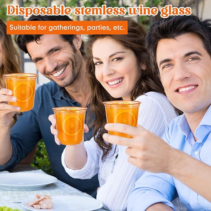 Disposable Stemless Glasses 12oz Crystal Plastic Wine Glasses Clear Classic Pet Cup for Meeting Weddings Birthdays Cocktail Christmas Party Supplies(Orange,100 Pcs)