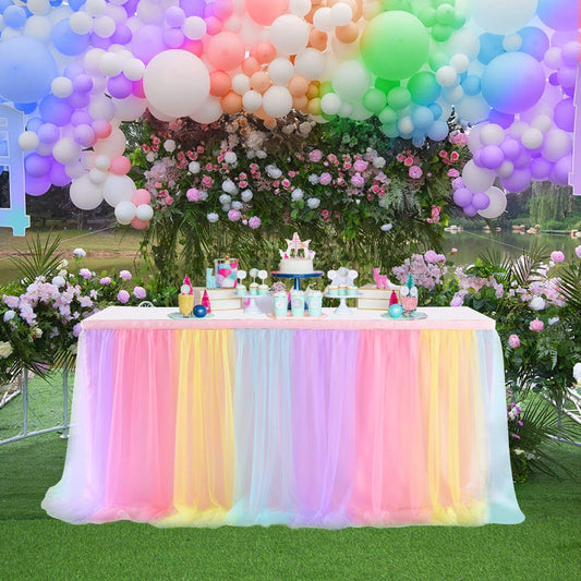Suppromo 2 Pack 6ft Rainbow Table Skirt for Birthday Party Tulle Tutu Table Skirt for Baby Shower Girl Boy Gender Reveal Rainbow Tablecloth for Unicorn Party Decorations
