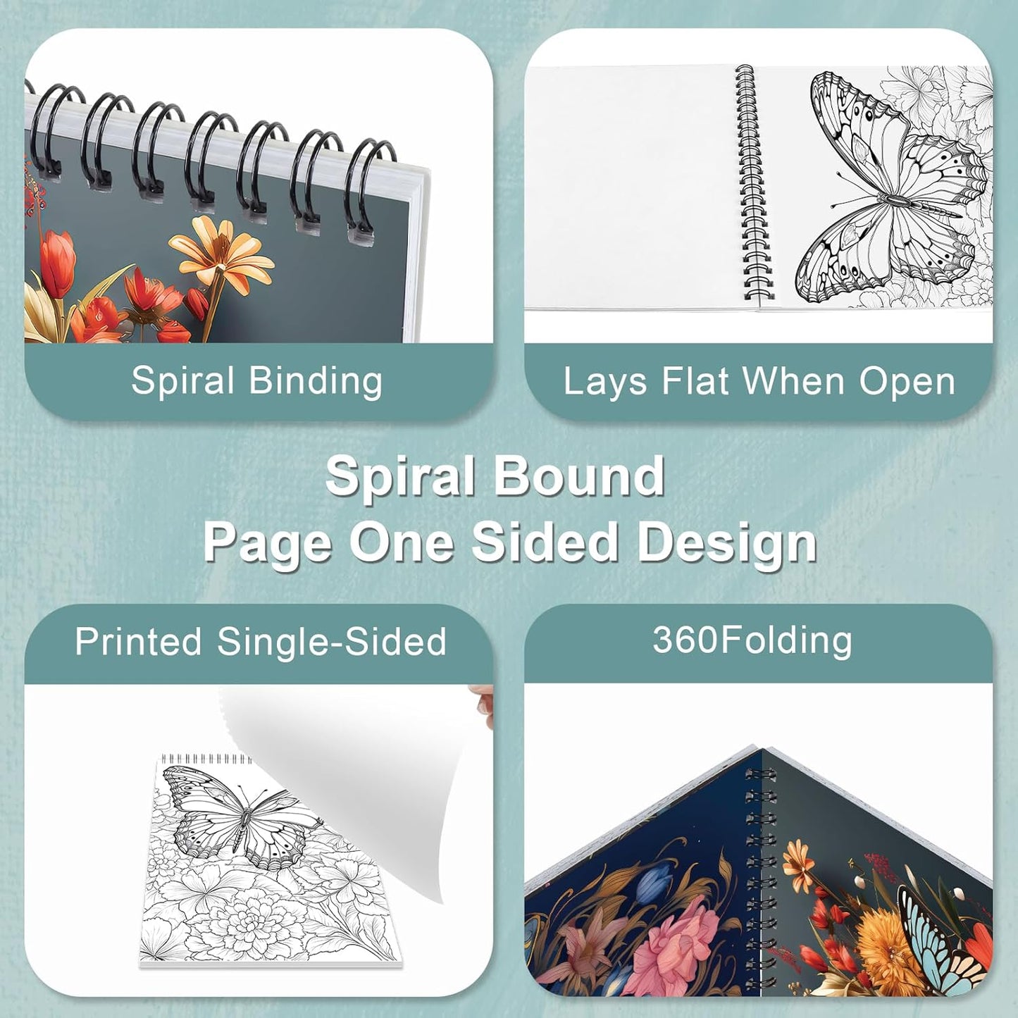 Butterfly Coloring Book for Adult Spiral Bound, Adult Coloring Book for Women Relaxation, 30 Pages One Sided Design Thick Paper Mindfulness Gift for Her, Relieving Books Fun to Color