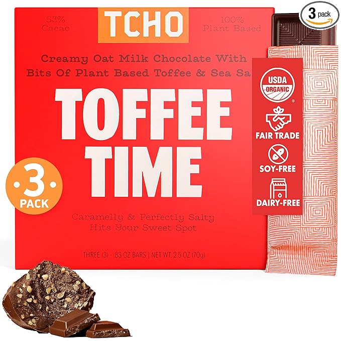 TCHO Toffee Time 53% Oat Milk Chocolate Bars (3 pack) | Plant Based, Organic & Fair Trade, | Non GMO, Non-Dairy, Vegan, Soy Free (2.5oz each)