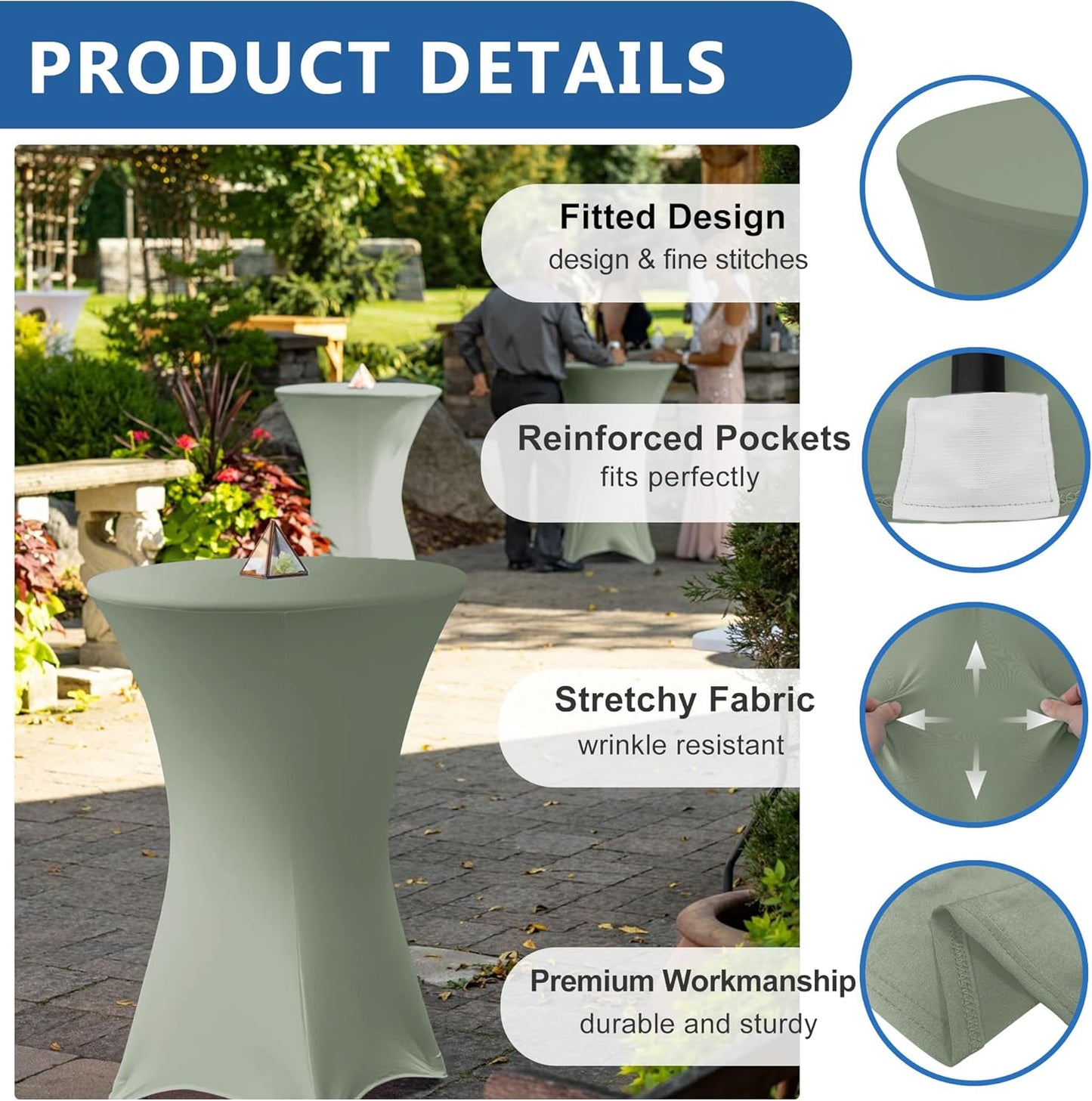 Cocktail Table Covers-Spandex Round High Top Table Cloths 6 Pack 32x43 Inch-Sage Stretch Fitted Bar Tall Tablecloth for Pub Bistro Highboy Party Event Banquet Height Folding Satnding Tables