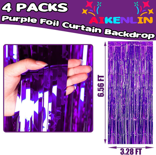 4 Pack 3.3Ft x 6.6Ft Purple Foil Fringe Curtain Backdrop, Metallic Tinsel Foil Fringe Streamers Curtains Background for Photo Booth, Birthday, Wedding, Halloween, Christmas Party Decoration