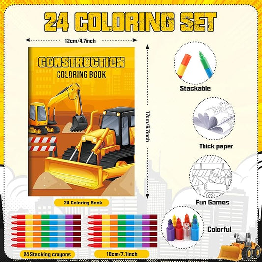 BenLouis 24 Construction Mini Coloring Books Kids with 24 Stacking Crayons Excavator Theme Party Favors Activity Books Bulk for Kids Construction Birthday Goodie Bag Gift Stuffer Classroom Reward