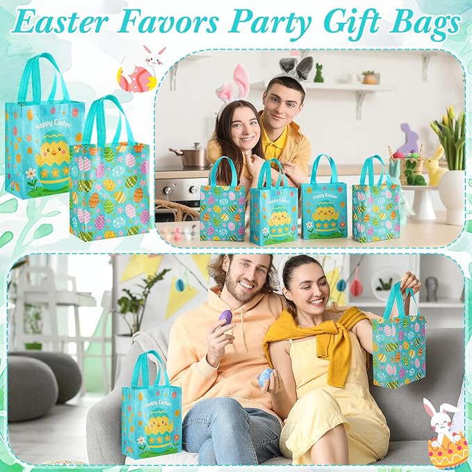 Wovnet 30 Pcs Easter Gift Bags Pastel Colors Easter Eggs Goodie Treat Tote Bags with Handle Reusable Non Woven Eggs Party Favor Pouch for Spring Party Supplies 10 x 8 x 4in