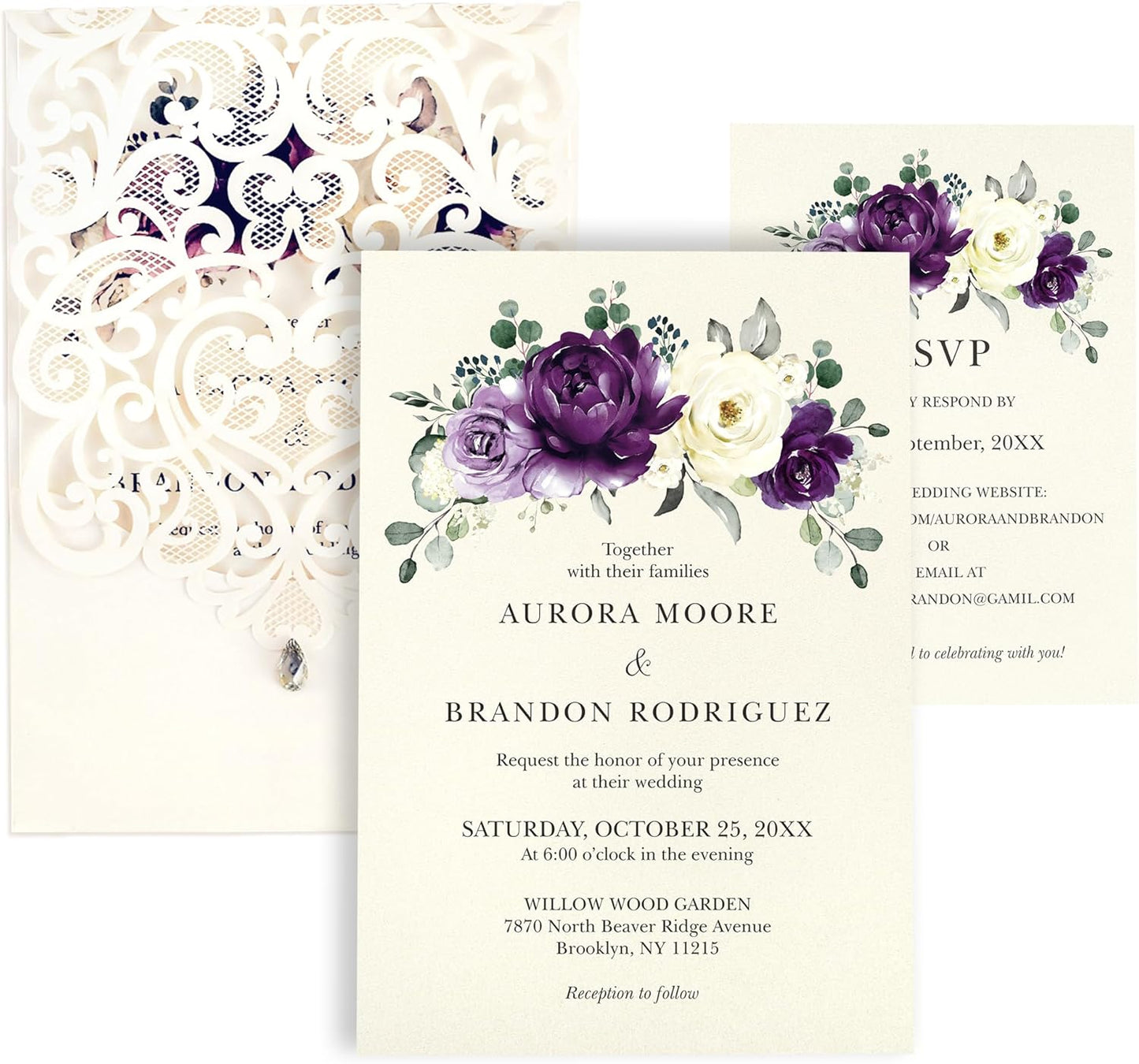 50pcs Laser Cut Wedding Invitations with Envelopes and RSVP Cards Purple and Ivory White, 5x7.3 Personalized Invitation Cards for Wedding, Anniversary Invitations with Rhinestone