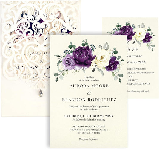 50pcs Laser Cut Wedding Invitations with Envelopes and RSVP Cards Purple and Ivory White, 5x7.3 Personalized Invitation Cards for Wedding, Anniversary Invitations with Rhinestone