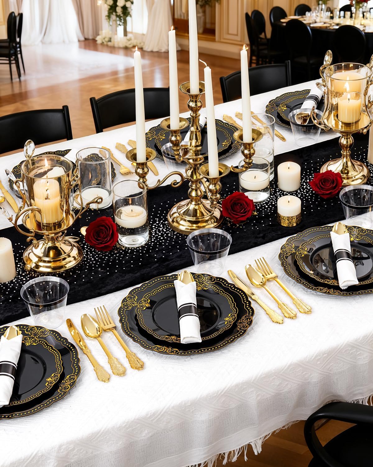 Ciaell 350 PCS Black Plastic Plates - Black and Gold Plates - Black Disposable Plates Include 50 Disposable Plate, 150 Heavy Duty Silverware, 50 Cups, 50 Napkins for Wedding & Party & New Year