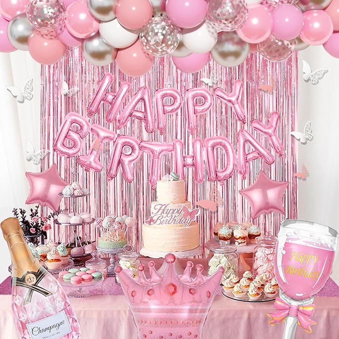 Amandir Pink Birthday Decorations for Women Girls, Silver Pink Confetti Foil Balloons Happy Birthday Banner Butterfly Fringe Curtains Cake Topper for Princess Party Supplies Decor