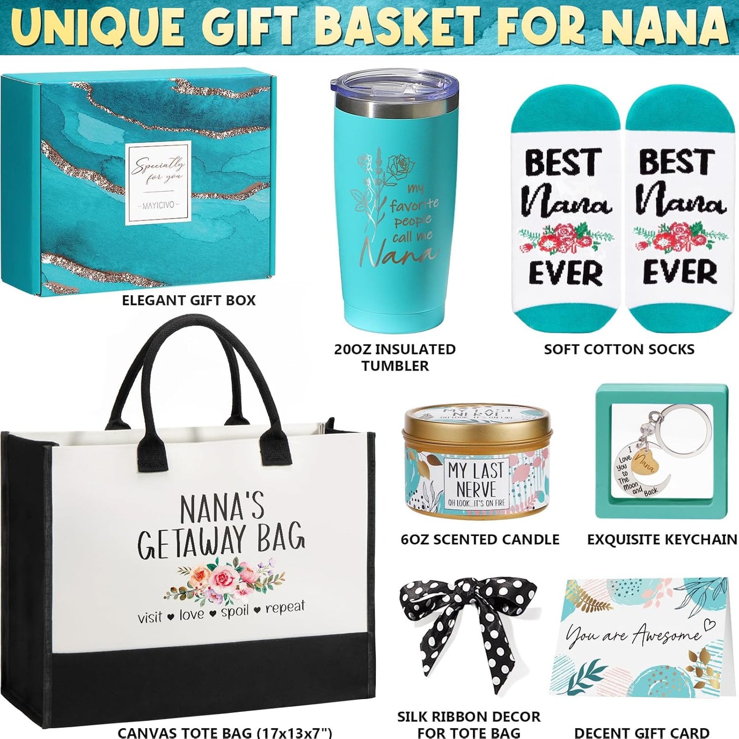 Best Grandma Gifts Nana Christmas Gifts for Grandma from Granddaughter Grandchildren Grandkids, Unique Grandmother Birthday Gift Nana Gift Basket for Gigi Grandmother New Granny with Canvas Tote Bag