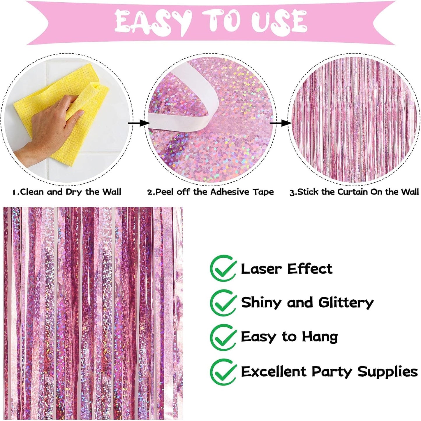 Pink Tinsel Foil Fringe Curtain Backdrop, 3.3 x 8.2 ft Metallic Glitter Curtain Streamers, 2 Pack Pink Photoboth for Birthday Bridal Shower Valentines Day Party Decorations