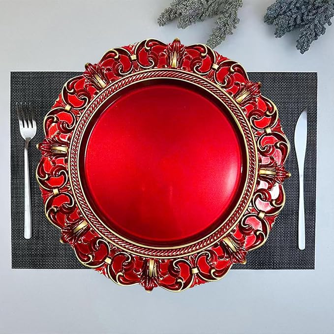 6 Pack Red Charger Plates 13" Round Charger Plates for Dinning Plates with Embossed Rim Plastic Charger for Dinner, Wedding, Elegant Tableware Decor