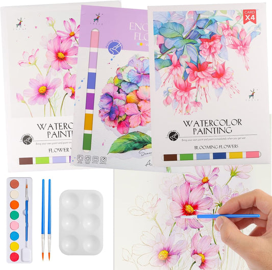 3 Pack Flowers Watercolor Coloring Books for Adult Teenager Watercolor Paint Book Water Color Paint Sets for Kids Coloring Books for Women Water Colors Paint Kids Pocket Hand Book Stocking Goodie Bag