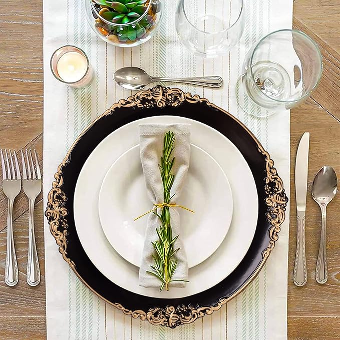 MAONAME Black Charger Plates with Gold Rim, Round Antique Plate Chargers for Dinner Plates, 13" Plastic Charger for Wedding Table Setting, Set of 6