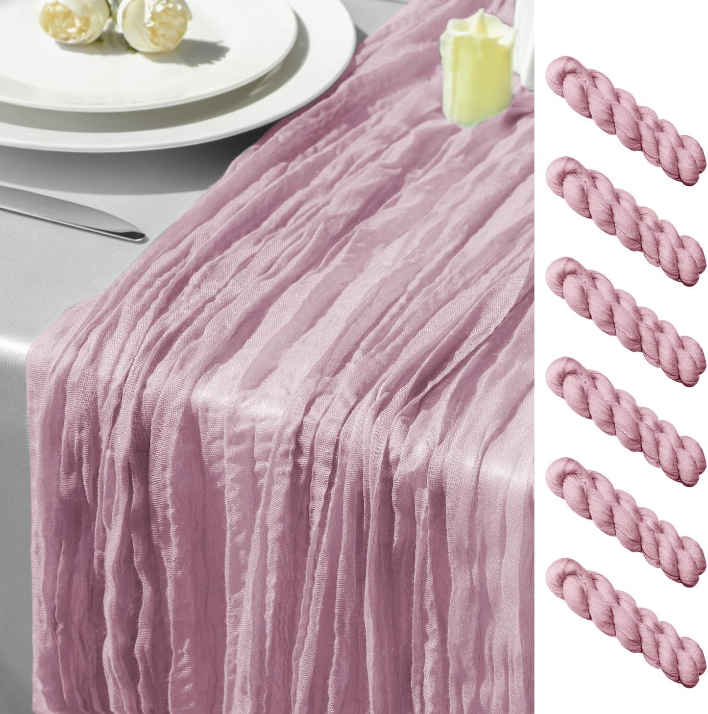 GARIG 6 Pack Cheesecloth Table Runner 10FT Light Pink Cheese Cloth Table Runners 35x120 Inches Boho Gauze Table Runner Rustic Sheer for Party Baby Shower Wedding Decorations