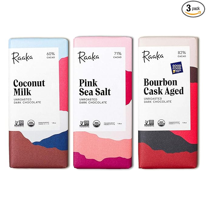 Raaka Chocolate Best Sellers Trio | Gourmet Dark Chocolate Gift | Organic, Vegan, Fair Trade, Soy Free, Non-GMO, Gluten Free, Kosher | 1.8oz Bars, 3-Pack