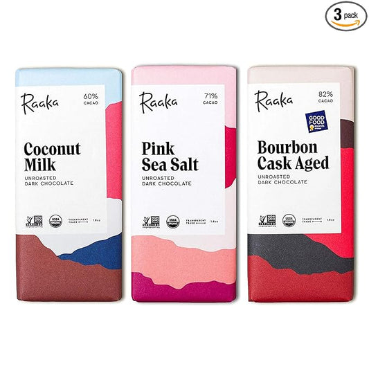 Raaka Chocolate Best Sellers Trio | Gourmet Dark Chocolate Gift | Organic, Vegan, Fair Trade, Soy Free, Non-GMO, Gluten Free, Kosher | 1.8oz Bars, 3-Pack