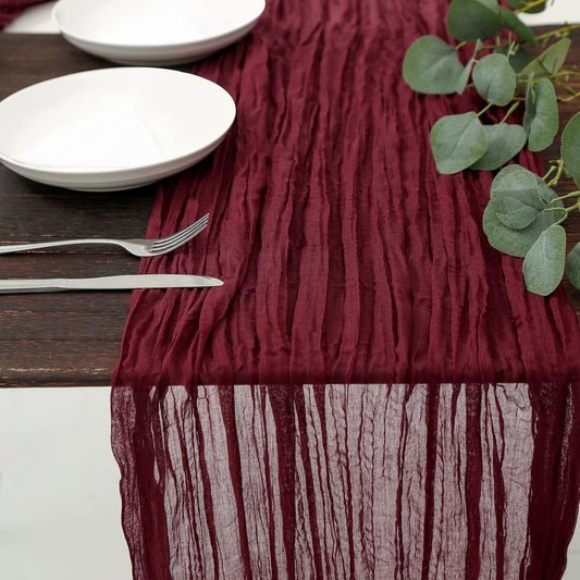 DOLOPL Christmas Table Runner Burgundy Cheesecloth Table Runner 13.3ft Boho Gauze Cheese Cloth Runner Rustic Sheer Runner 160inch Long for Christmas Wedding Bridal Shower Table Decorations