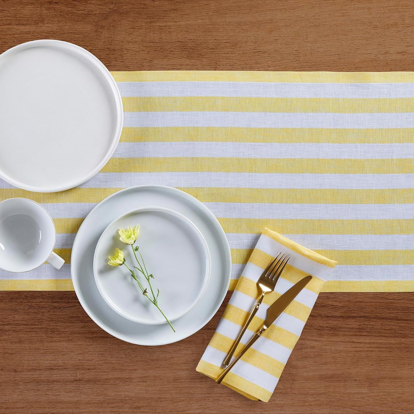 Solino Home Linen Table Runner 72 Inches Long - Sorrento Stripe, 100% Pure Linen Yellow and White Table Runner 14 x 72 Inch for Dining, Dresser