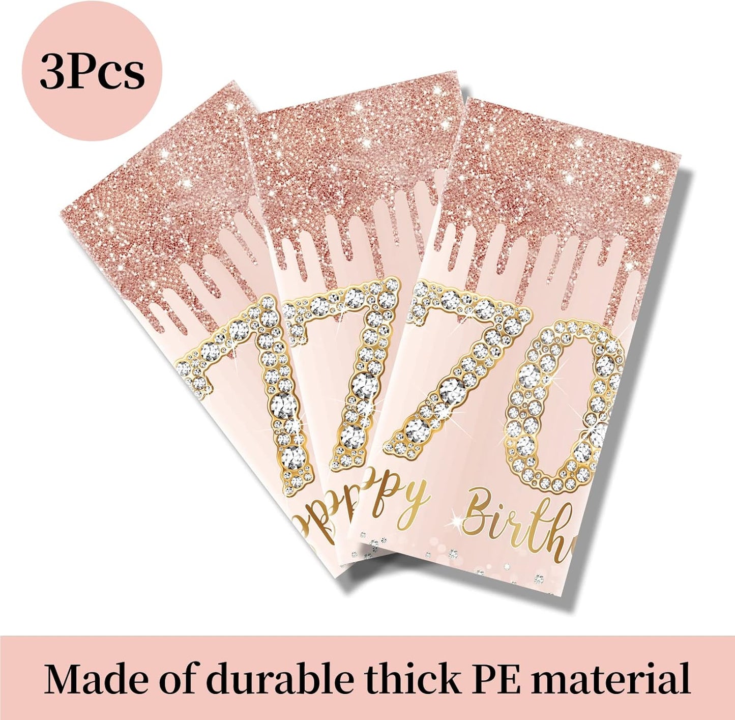 3 Pack 70th Birthday Tablecloth Decorations for Women, Pink Rose Gold Happy 70 Birthday Table Cover Party Supplies, Seventy Year Old Birthday Plastic Disposable Rectangular Table Cloth Decor