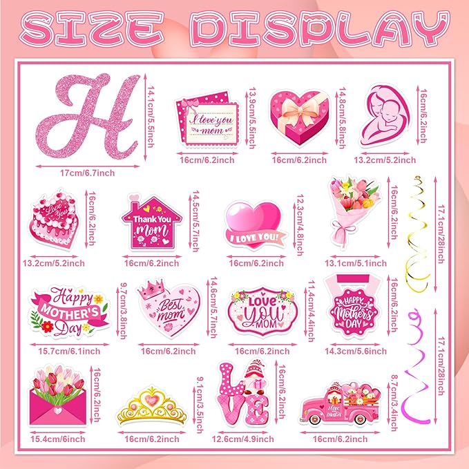 Mother’s Day Decorations Set – Happy Mother’s Day Banner with Floral Garland, Hanging Swirls, and Heart & Flower Cutouts for Mother’s Day Party, Home Décor, and Photo Backdrop