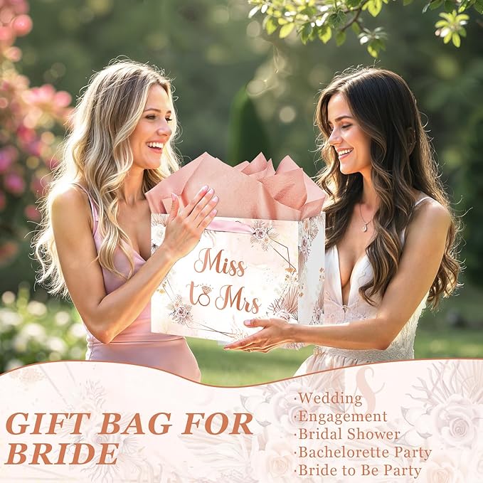Yomaiha Bridal Shower Gift Bag Wedding Miss to Mrs Gifts Bag with Tissue and Card Bridal Shower Gift Wrapping Paper Bag Floral Boho Wedding Gift Bags Bride Engagement Bachelorette Party Bag