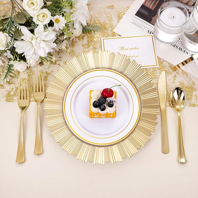 6 Pcs Gold Charger Plates,13 Inch Elegant Fluted Edge Plastic Charger Plates Reusable Table Chargers for Dinner Birthday Wedding Party Bridal Showers Tableware Dishes Luxury Decor