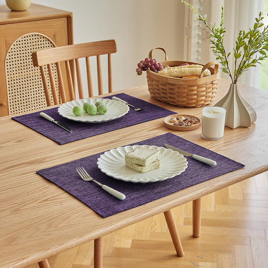 Softalker Faux Linen Placemats Set of 6-12 x 18 Inch, Heat Resistant Double Layered Durable Burlap Farmhouse Place Mats, Non-Slip Washable Rustic Table Mats for Dining, Kitchen, Party（Purple