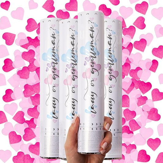 PrimePure Gender Reveal Confetti Cannon - Biodegradable Heart Shaped Confetti Poppers - Pink, 4 Pack - Baby Girl Gender Reveal Party Poppers - Pink Paper Baby Party Supplies Pop Gun