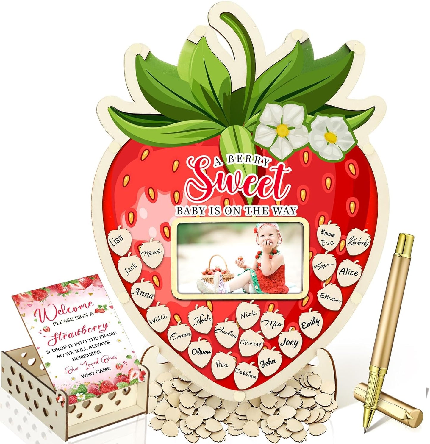 Wenqik 63 Pcs Strawberry Baby Shower Guest Book Alternatives Set Baby Shower Decorations with Photo Frame Sonogram Frame Keepsake 60 Wood Slices Guest Book for Birthday