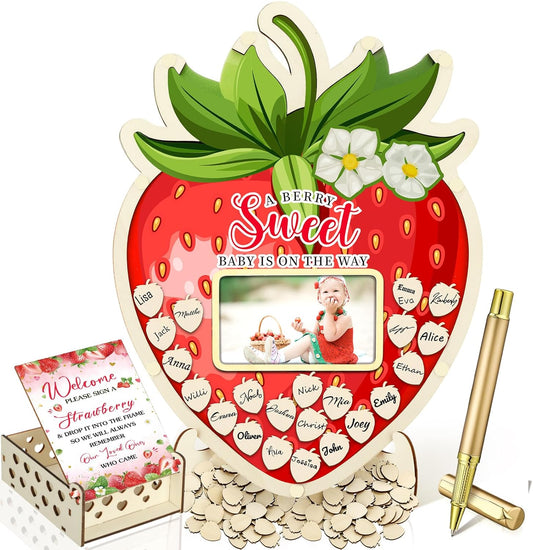 Wenqik 63 Pcs Strawberry Baby Shower Guest Book Alternatives Set Baby Shower Decorations with Photo Frame Sonogram Frame Keepsake 60 Wood Slices Guest Book for Birthday