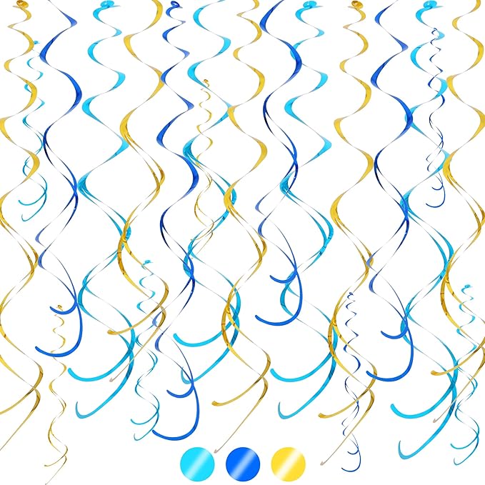 BEISHIDA Blue Blue Gold Hanging Swirls Party Decorations Plastic Streamer for Ceiling, Baby Shower Retirement Birthday Graduation Party Supplies, Pack of 20