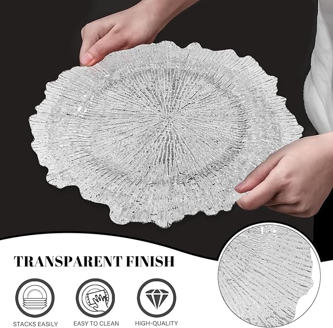 MAONAME 13" Clear Charger Plates, Round Reef Chargers for Dinner Plates, Plastic Plate Chargers for Table Setting, Wedding Decor, Set of 8