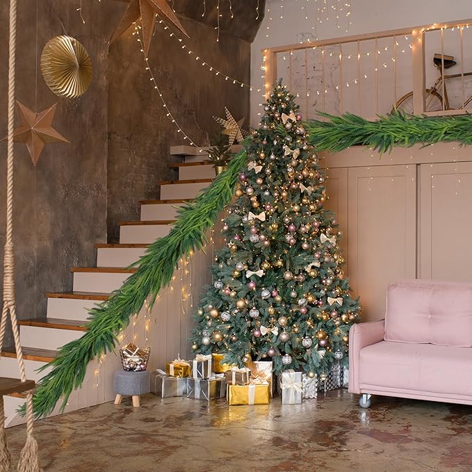 2 Pcs Artificial Norfolk Pine Garlands Christmas, 15 FT Dense Real Touch Winter Pine Garland Ornament, Green Artificial Greenery Garland for Table, Mantle, Wall, Indoor, Outdoor Christmas Decorations