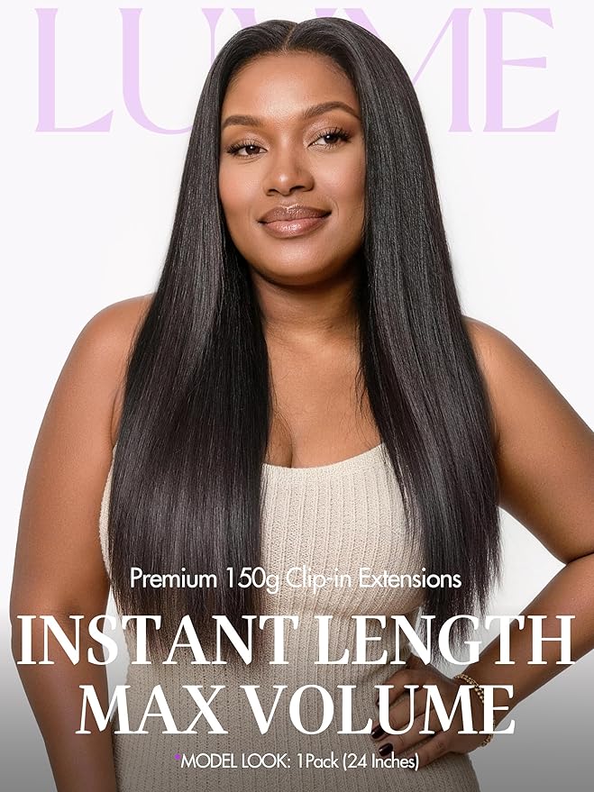 LUVME Yaki Straight Seamless 150g 7Pcs Clip in Hair Extensions, Full Volume with 26 Inch Natural Black, 100% Real Soft Remy Human Hair, Adds Fuller Hair for Daily Wear & Special Occasions