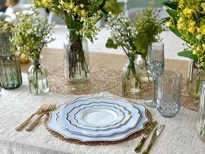" OCCASIONS " 20 Pieces 13.25'' Scalloped Disposable/Reusable Plastic Charger Plates for Wedding, (Scalloped Imperial Blue & Gold)