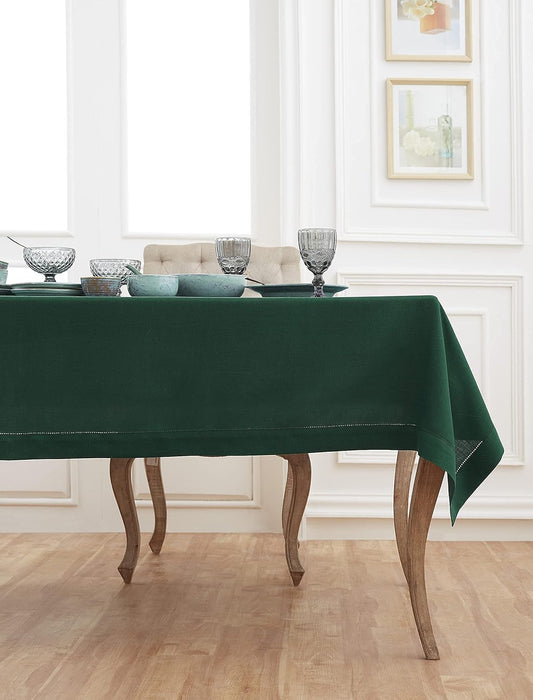 Solino Home Linen Tablecloth 60 x 90 Inch - Classic Hemstitch 100% Pure Linen Rainforest Green Table Cloth for Rectangle Tables - Machine Washable Tablecloth for Fall, Thanksgiving, Christmas, Holiday