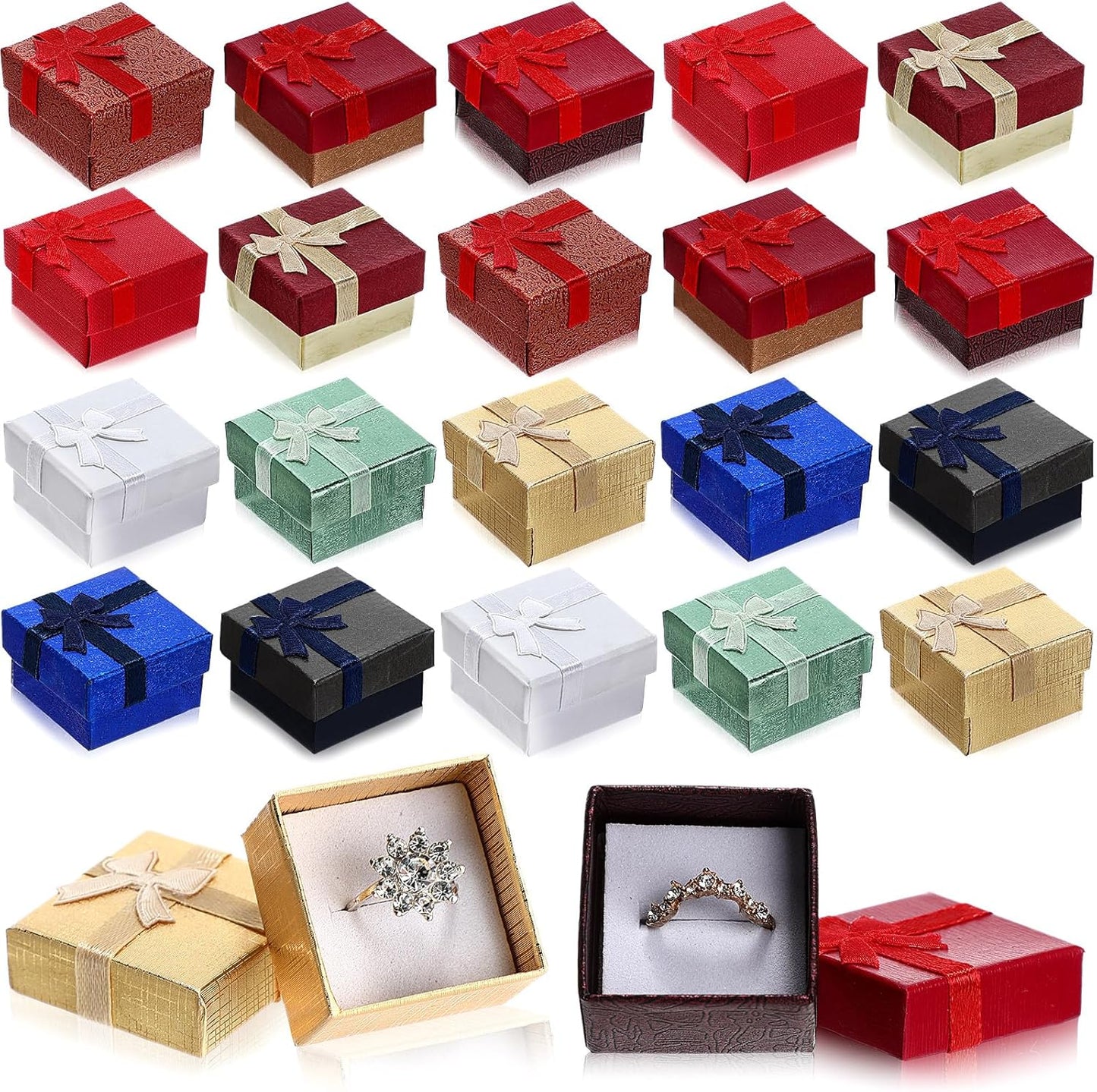 72 Pcs Ring Boxes 1.6 x 1.6 In Hard Cardboard Jewelry Box with Ribbon Bow Small Jewelry Gift Cases for Small Business(Vibrant Color)